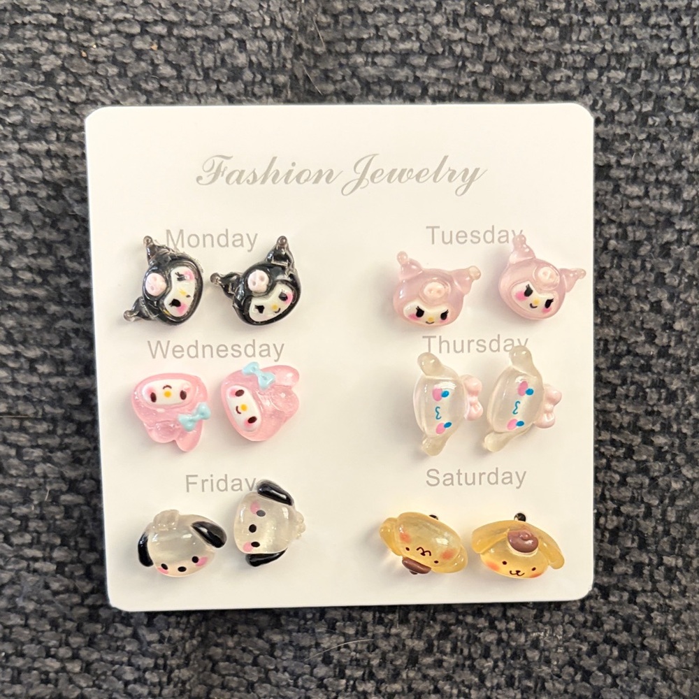 New Set of 6 Cute Sanrio Earrings Kuromi, My Melody, And Cinnamoroll cute gift